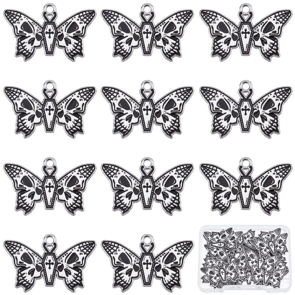 6553 1 Box 20Pcs Moth Charms Gothic Style Skull Charms Halloween Butterfly
